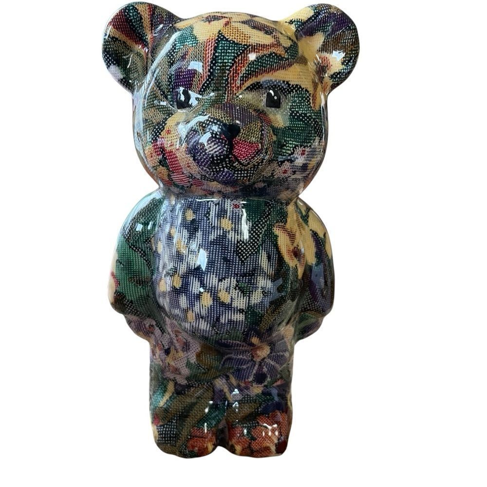Joan Baker Designs Original Porcelain Decoupage Floral Patchwork Bear Figurine